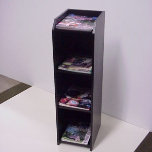 a custom floor standing magazine stand in black