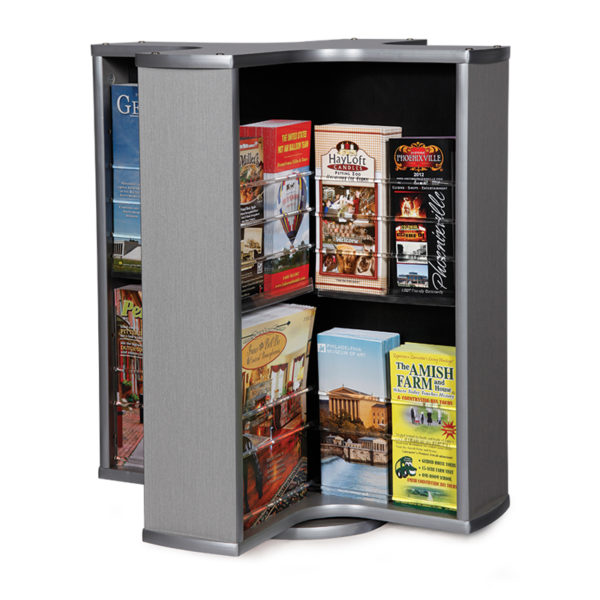 a spinning countertop brochure rack in silver with various magazines and brochures