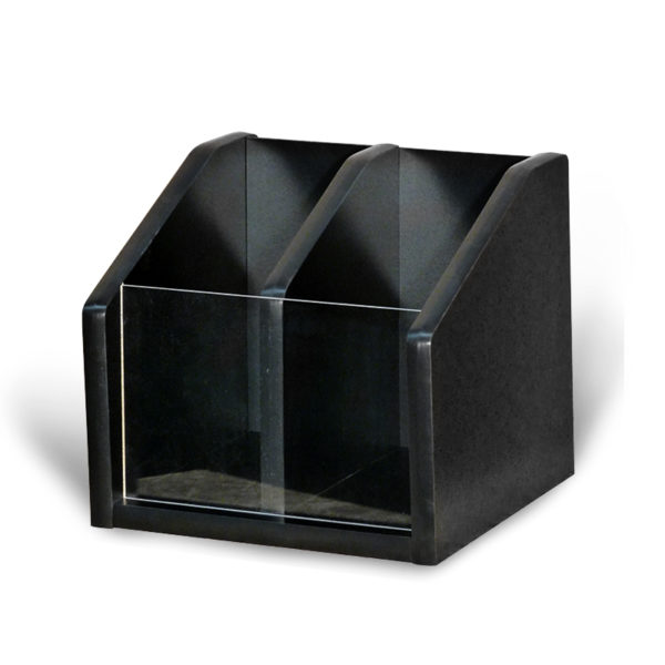 a small countertop brochure rack in black, sitting empty