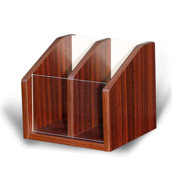 a small countertop brochure rack in mahogany, sitting empty