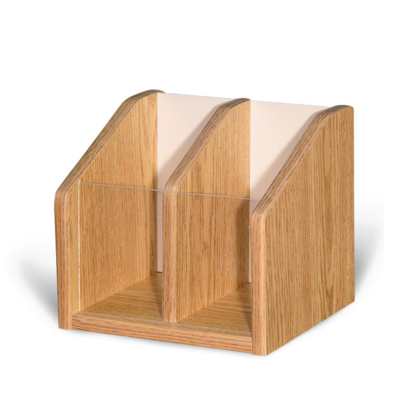 a small countertop brochure rack in oak, sitting empty