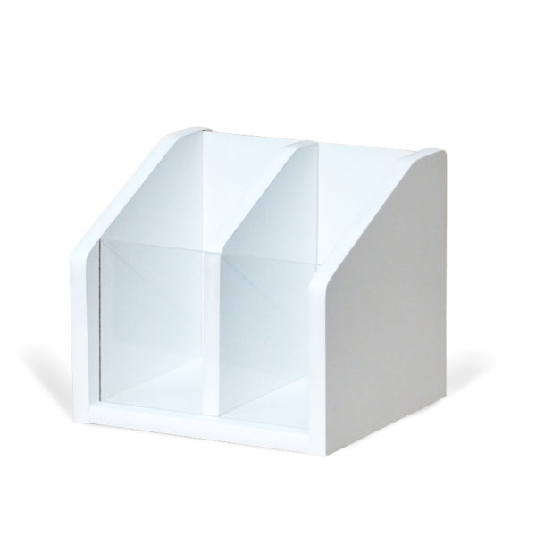 a small countertop brochure rack in white wood sitting empty