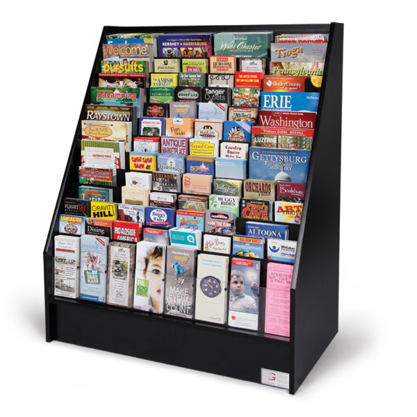 black floor standing literature rack full of brochures