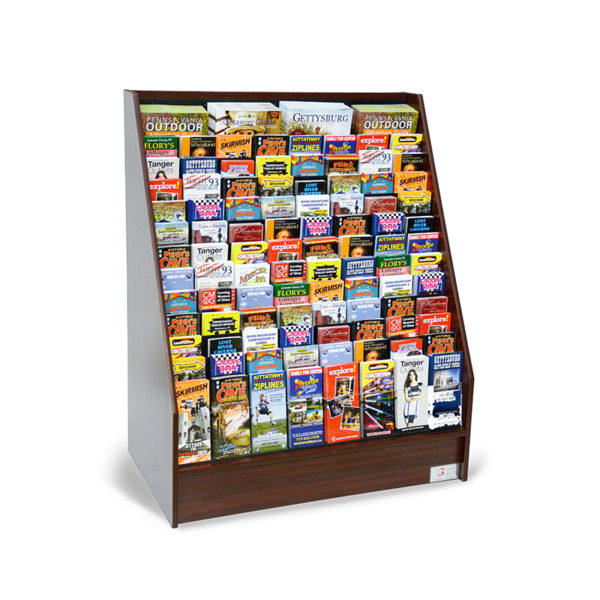 floor standing literature display rack full of travel brochures and magazines