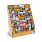 oak wood floor standing literature display rack full of travel brochures and magazines