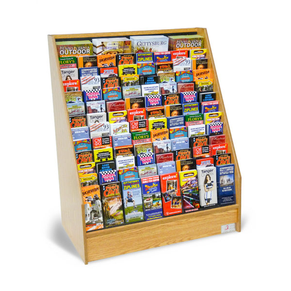 oak wood floor standing literature display rack full of travel brochures and magazines