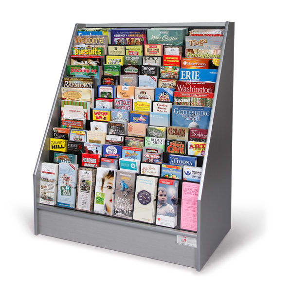 silver floor standing literature rack full of brochures