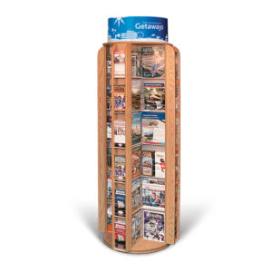 an oak floor standing spinning literature rack full of magazines and brochures