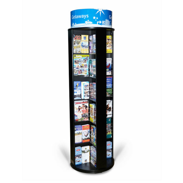 a black spinning brochure rack full of magazines and brochures