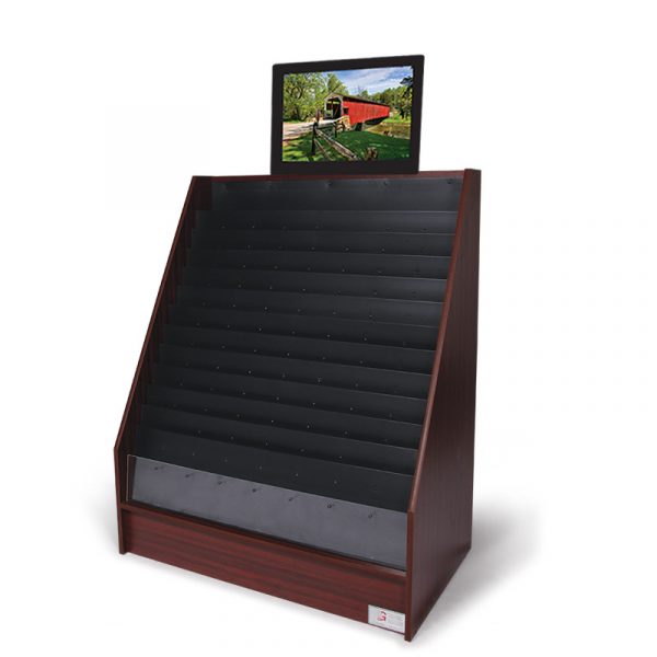 an advanced video display with a monitor above the mahogany display stand