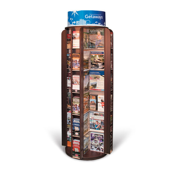 a mahogany large floor standing literature rack full of brochures and magazines