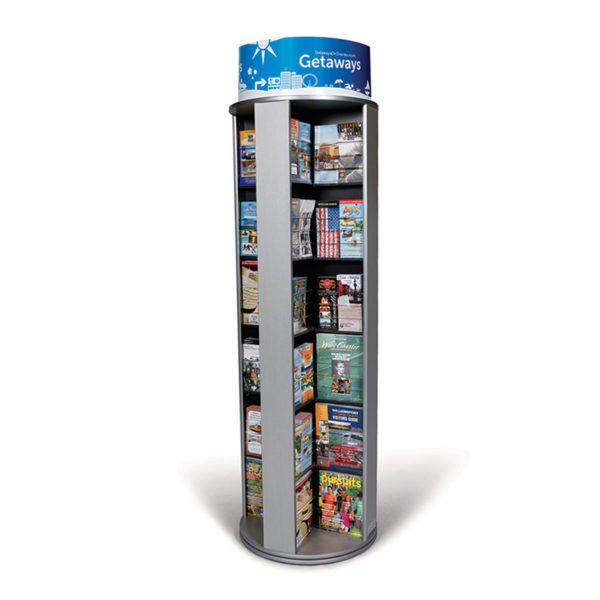 a spinning literature rack full of brochures and magazines