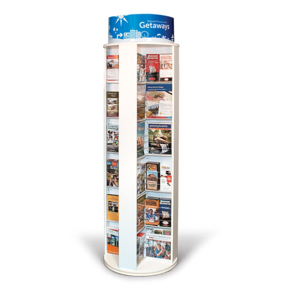 a white rotating literature display rack full of magazines and brochures