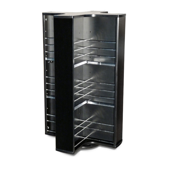 a spinning countertop brochure rack in black, sitting empty