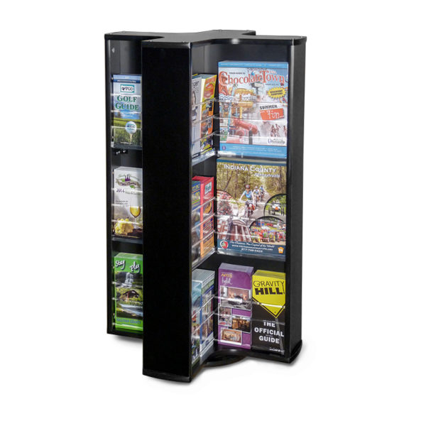 a spinning countertop brochure rack in black with various magazines and brochures