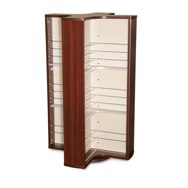 a spinning countertop brochure rack in mahogany wood with various magazines and brochures