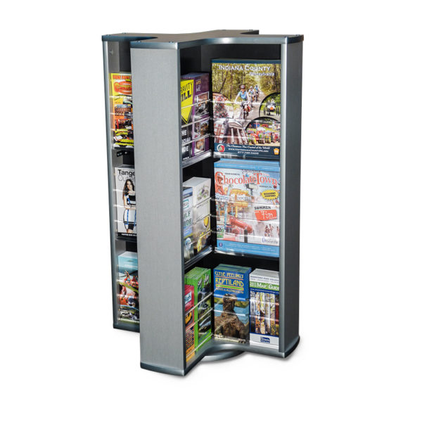 a spinning countertop brochure rack in silver with various magazines and brochures