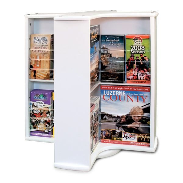 a spinning countertop brochure rack in white with various magazines and brochures