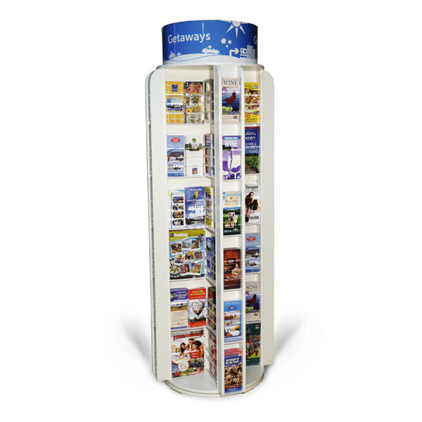 a white rotating literature display rack full of magazines and brochures