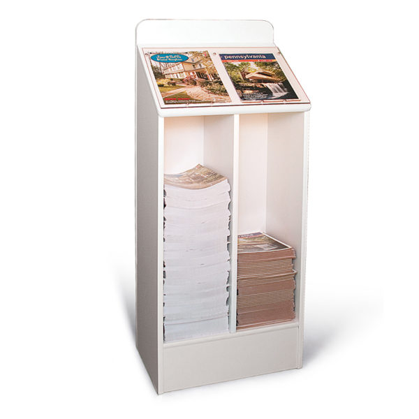 white floor standing wood magazine rack, partially filled with 2 different magazines