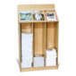 oak floor standing wood magazine bin, partially filled with 3 various magazines