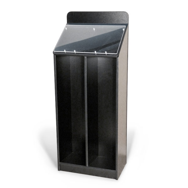 a large black wooden magazine rack that's empty