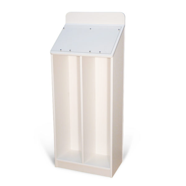a large white wooden magazine rack that's empty