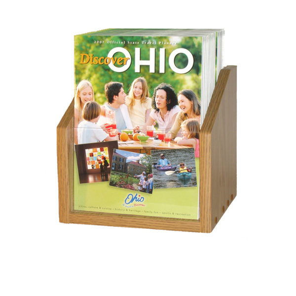 small oak wooden magazine holder for countertops, filled with magazines
