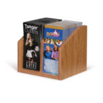 small oak wooden brochure holder for countertops, filled with 2 different brochures