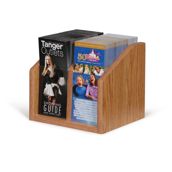 small oak wooden brochure holder for countertops, filled with 2 different brochures