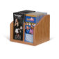 small oak wooden brochure holder for countertops, filled with 2 different brochures