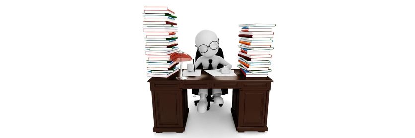 a 3d man sitting at a desk with piles of books