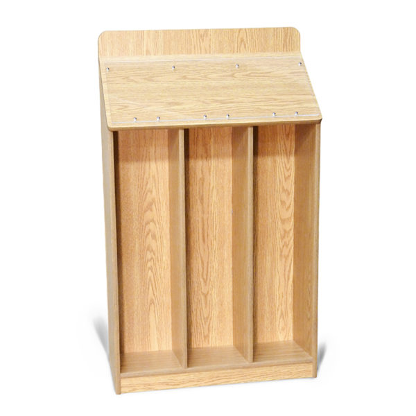 oak floor standing wood magazine bin, sitting empty