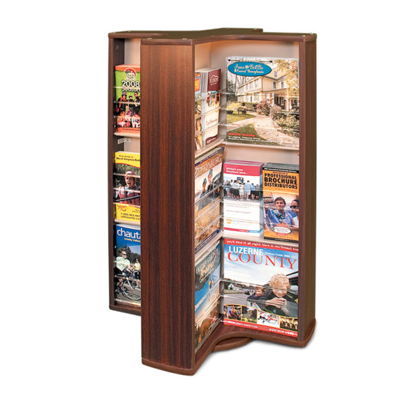 a spinning countertop brochure rack with various magazines and brochures