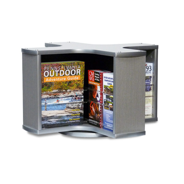 a spinning countertop brochure rack in silver, full of various brochures and magazines