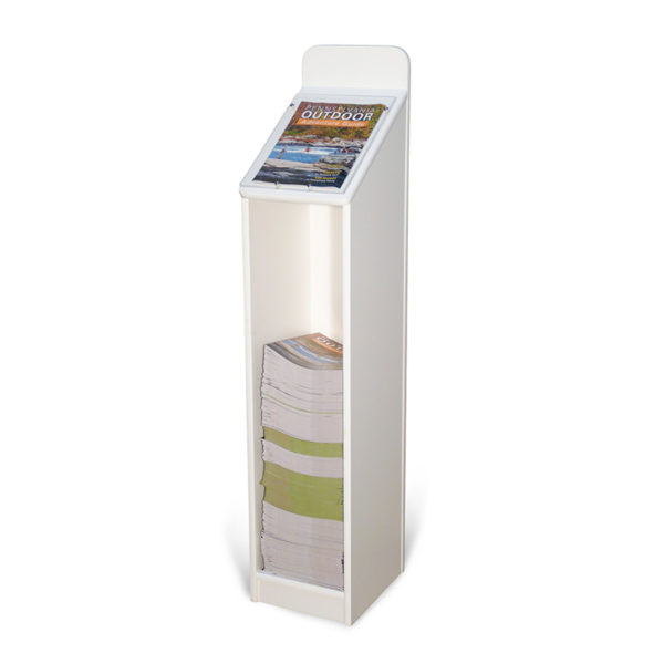 Sturdy floor standing magazine rack. Hand made in the USA. Made of wood with durable white laminate finish.