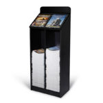 black floor standing wood magazine rack, partially filled with 2 different magazines