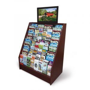 an advanced video display with a monitor above the mahogany display stand
