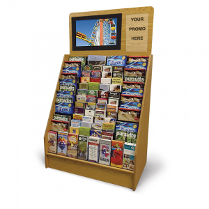 an advanced video display with a monitor and a section for your promo above the wooden display stand