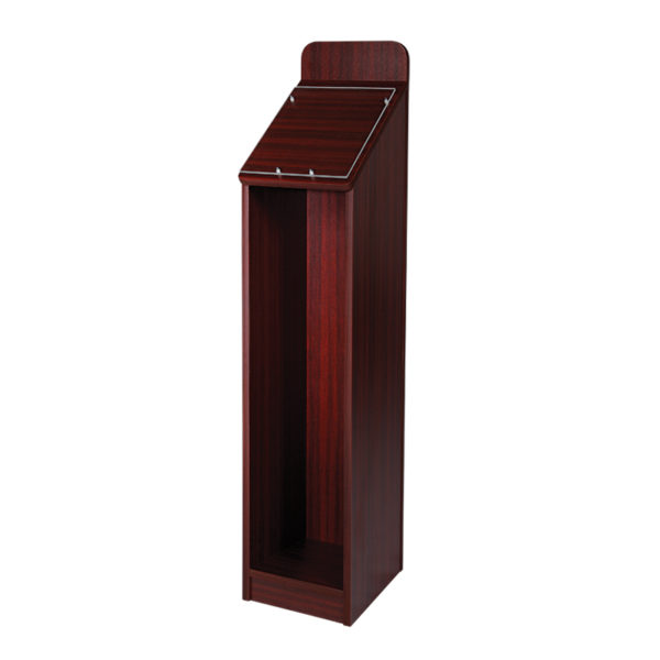 mahogany floor standing wood magazine rack for restaurants, sitting empty