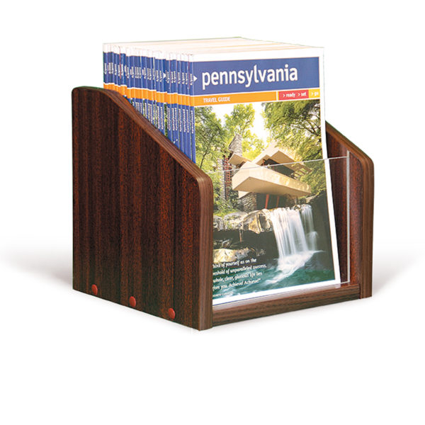small mahogany wooden magazine holder for countertops, filled with magazines